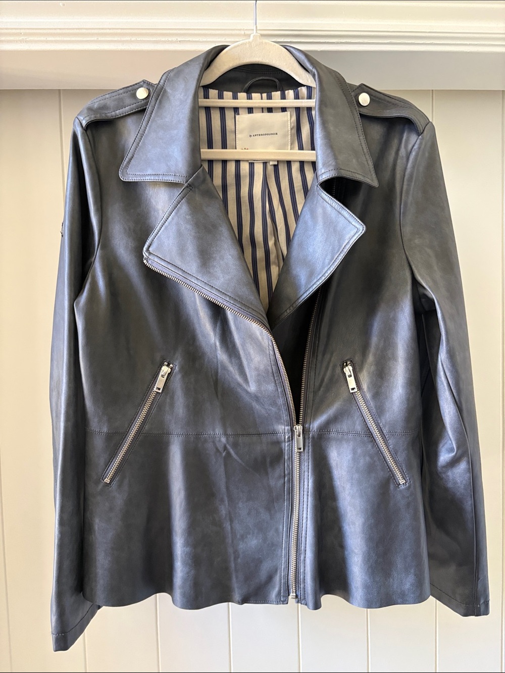 Anthropologie Faux Leather Striped-Lined Grey Moto Jacket, Large